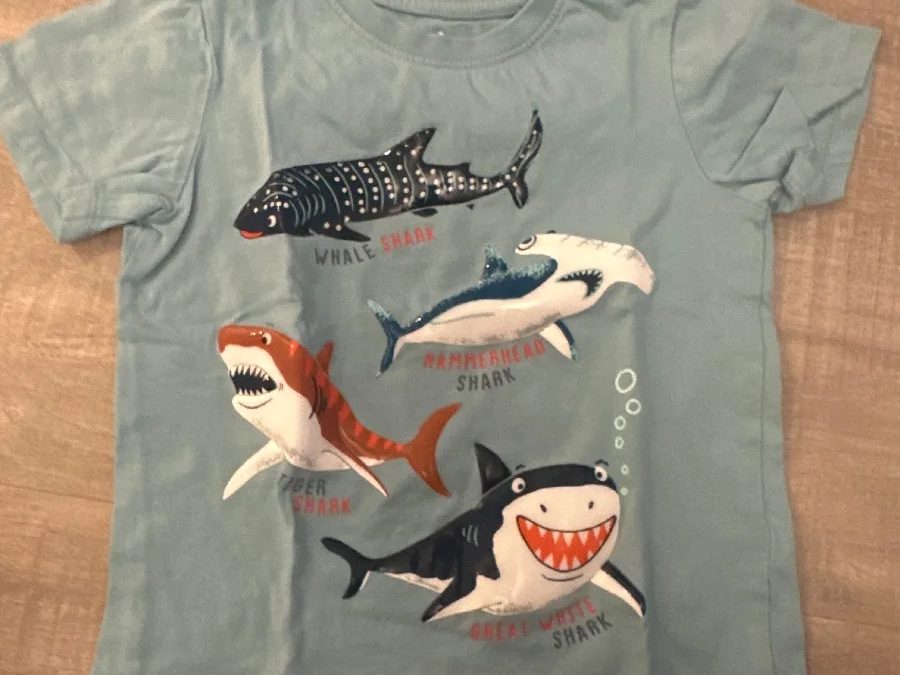 C&A T-Shirt Gr. 98 hellblau mit Haien – Foto 1